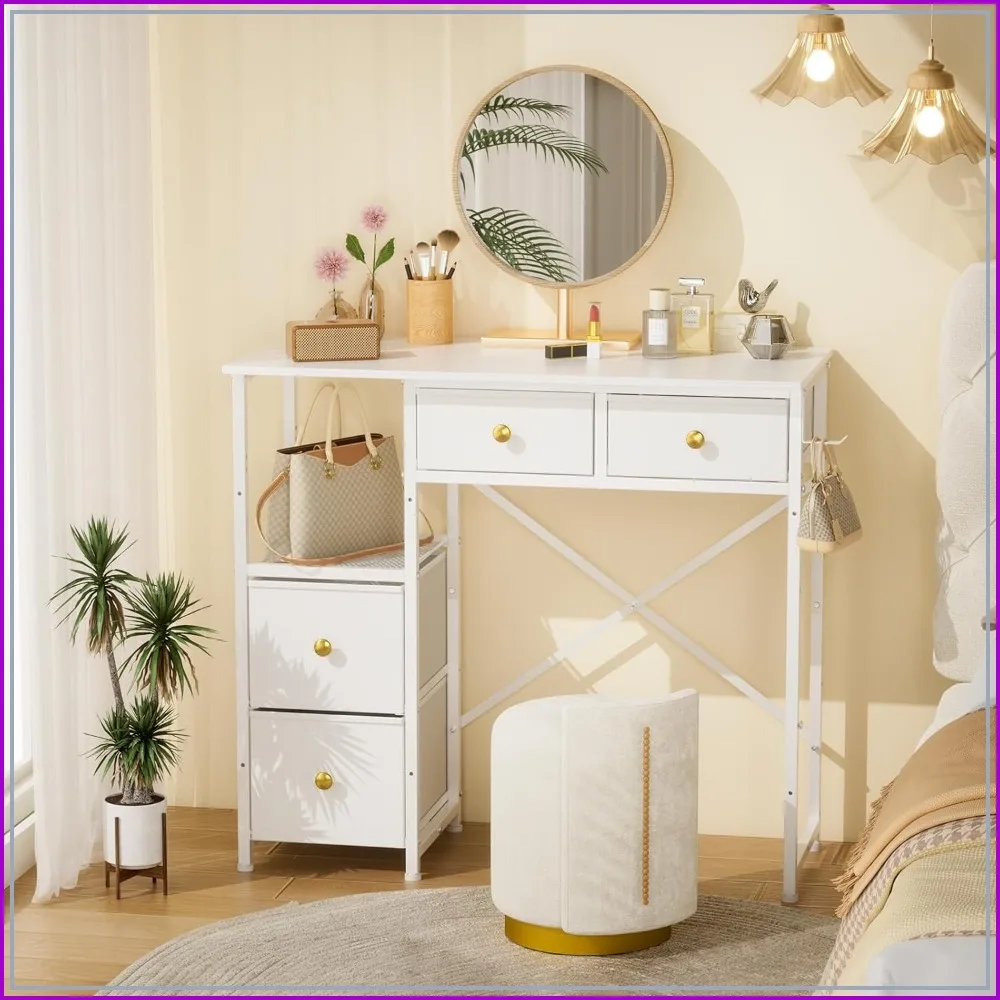 White Vanity Desk Without Mirror, Small Makeup Desk with 4 Fabric Drawers, 33.5 Inches Dressing Table with Storage, Hook for Bedroom
White Vanity Desk Without Mirror, Small Makeup Desk with 4 Fabric Drawers, 33.5 Inches Dressing Table with Storage, Hook for Bedroom