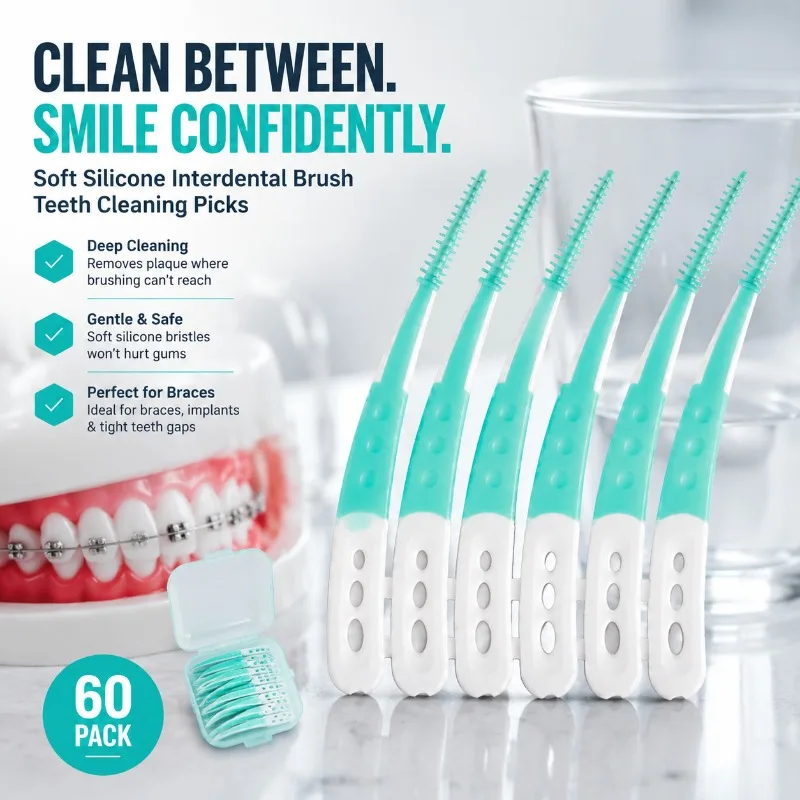 Soft Silicone Interdental Brush Teeth Cleaning Picks 60 Pack, Flexible Dental Floss Toothpick for Braces Orthodontic Care
Soft Silicone Interdental Brush Teeth Cleaning Picks 60 Pack, Flexible Dental Floss Toothpick for Braces Orthodontic Care