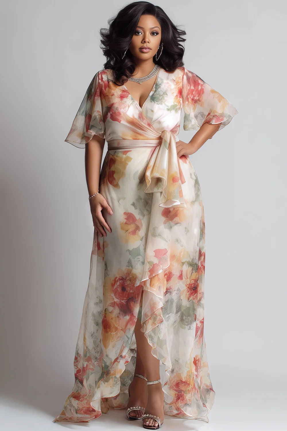 Plus Size Floral Chiffon Wrap Maxi Dress V-Neck Flutter Sleeve Ruffle Hem Slit Formal Evening Gown Wedding Guest Dress for Women
Plus Size Floral Chiffon Wrap Maxi Dress V-Neck Flutter Sleeve Ruffle Hem Slit Formal Evening Gown Wedding Guest Dress for Women