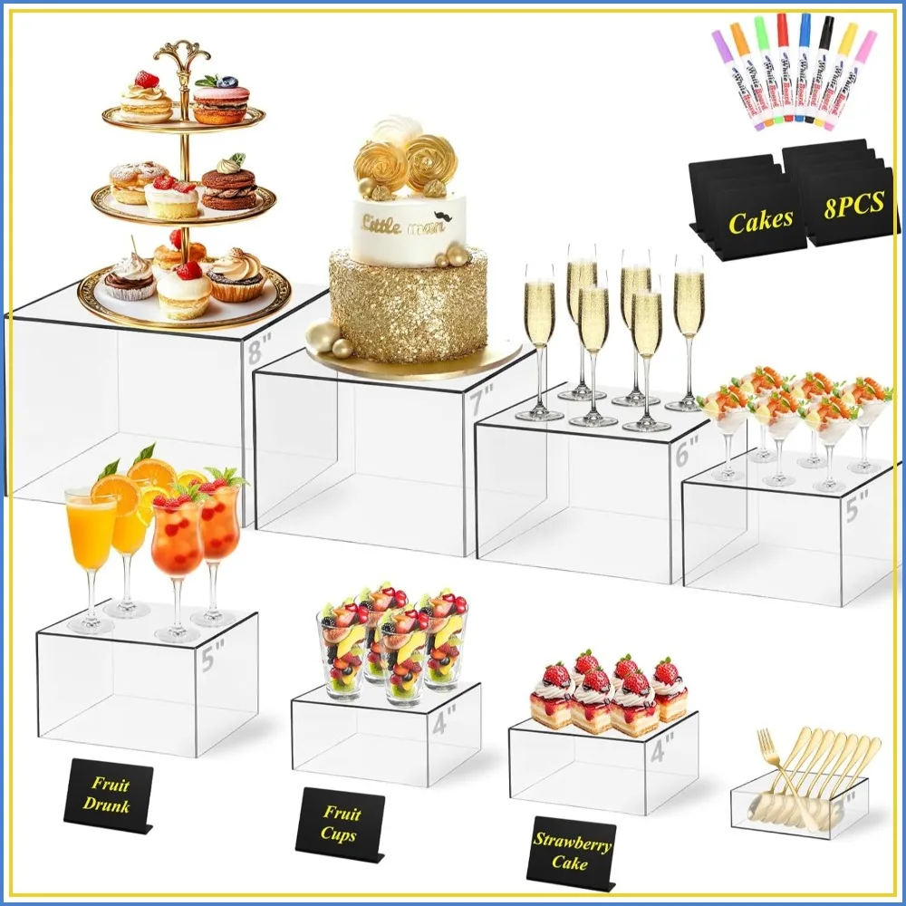 8 Clear Acrylic Buffet Risers with Mini Sign and Marker, 3"-8" Heights for Party Catering Dessert Cupcake Display
8 Clear Acrylic Buffet Risers with Mini Sign and Marker, 3"-8" Heights for Party Catering Dessert Cupcake Display