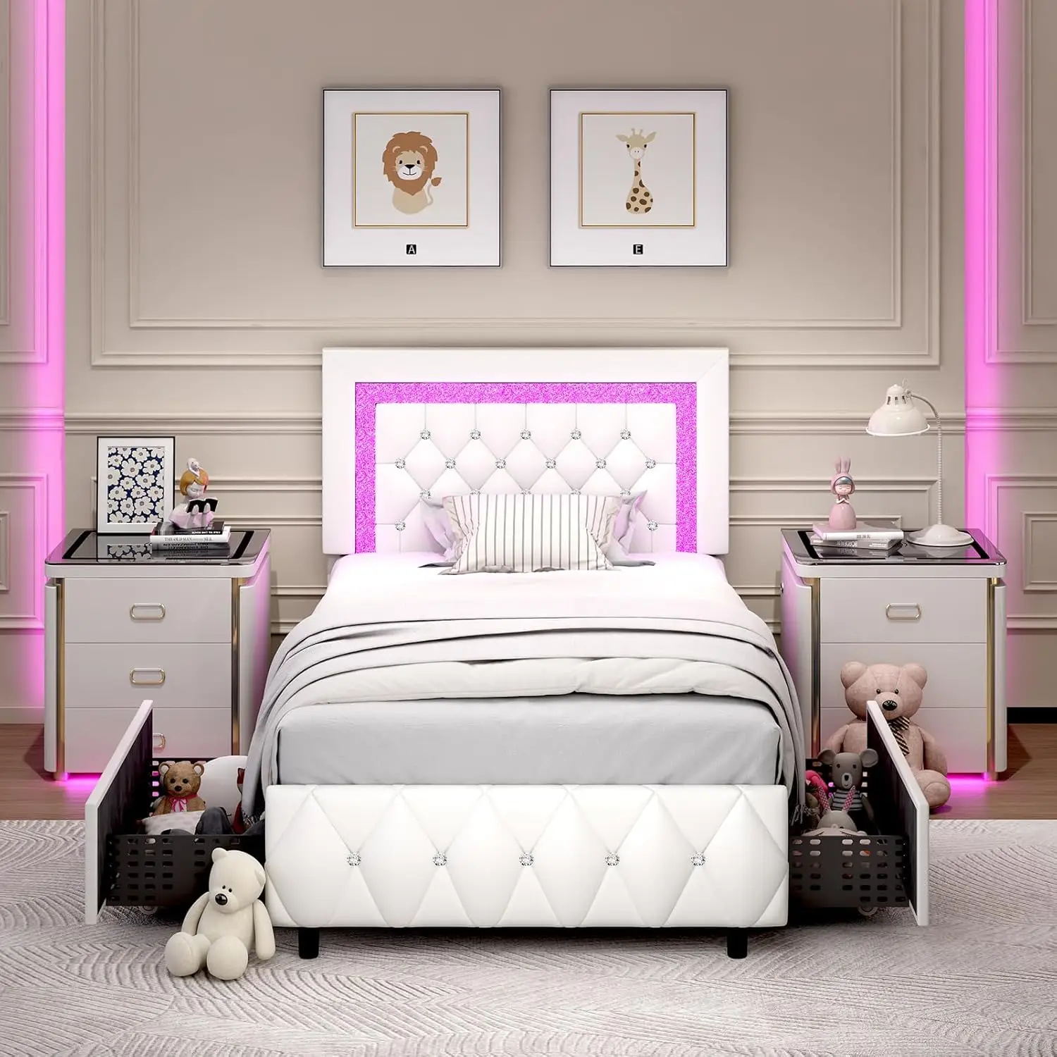 Twin Bed Frames with Storage Drawers and LED Lights Upholstered Bed with Crystal Tufted Headboard
Twin Bed Frames with Storage Drawers and LED Lights Upholstered Bed with Crystal Tufted Headboard
