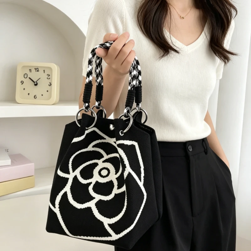 Elegant Camellia Print Knit Mini Handbag, Black Tote with Braided Handles, Lightweight Stylish for Work Commute Casual Wear
Elegant Camellia Print Knit Mini Handbag, Black Tote with Braided Handles, Lightweight Stylish for Work Commute Casual Wear