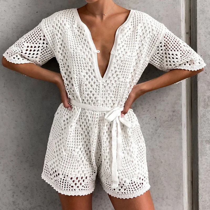 Spring Summer Hollow Lace Shorts Playsuit Casual Solid Color Beach Romper New Ladies Fashion Deep V Neck Button Tie Up Jumpsuit
Spring Summer Hollow Lace Shorts Playsuit Casual Solid Color Beach Romper New Ladies Fashion Deep V Neck Button Tie Up Jumpsuit