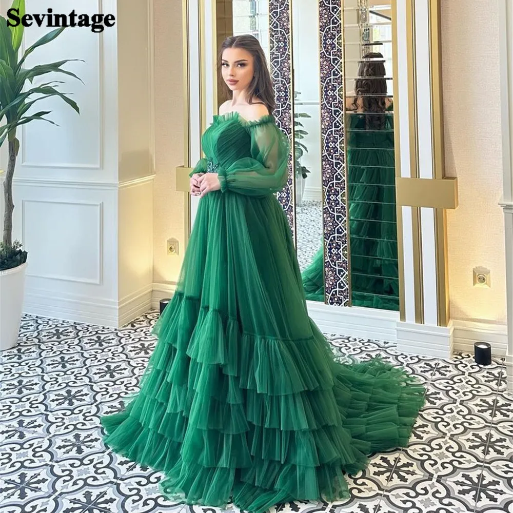 Женское вечернее платье Sevintage, зеленое платье из мягкого тюля с открытыми плечами и длинными рукавами, Многоярусное платье для торжественных случаев и вечеринок
Женское вечернее платье Sevintage, зеленое платье из мягкого тюля с открытыми плечами и длинными рукавами, Многоярусное платье для торжественных случаев и вечеринок