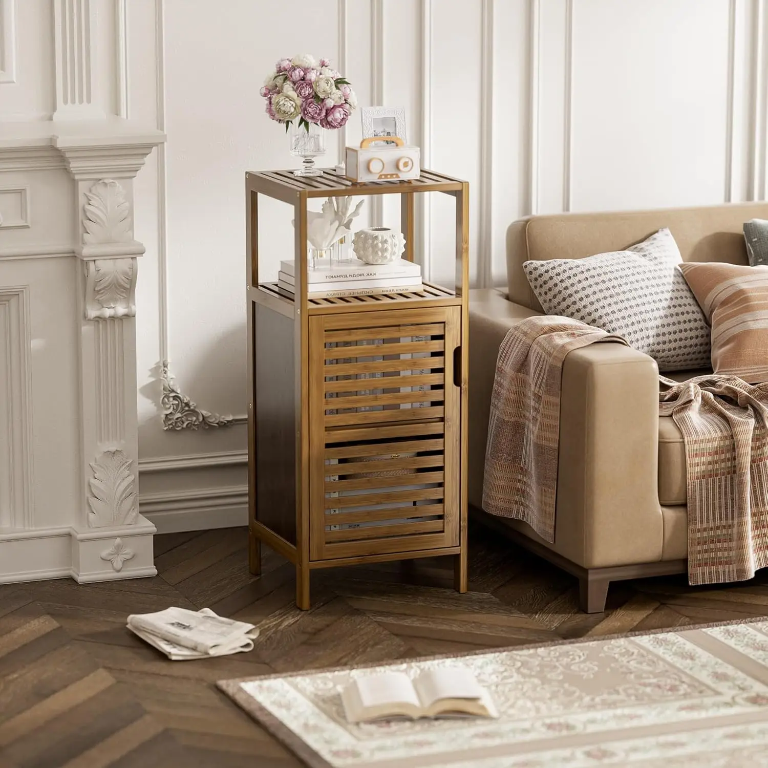 Bamboo Floor Cabinet Free Standing, 4 Tier Sofa Side Storage Cupboard for Living Room Kitchen Bedroom
Bamboo Floor Cabinet Free Standing, 4 Tier Sofa Side Storage Cupboard for Living Room Kitchen Bedroom