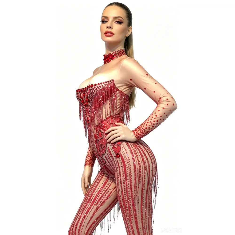 Red Rhinestones Tassel Tight Jumpsuit Spandex Long Sleeve Women Nightclub Stage Performance Leotard Party Birthday Dance Costume
Red Rhinestones Tassel Tight Jumpsuit Spandex Long Sleeve Women Nightclub Stage Performance Leotard Party Birthday Dance Costume