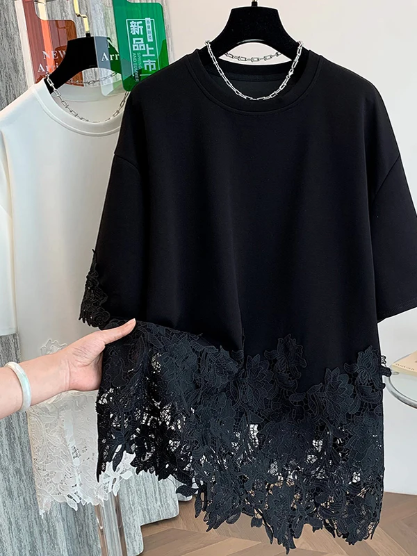 Loose Casual ort Sve T-irt Women's plus Size Design Korean Sle Lace Splicing Women's Top Summer Thin round Ne
Loose Casual ort Sve T-irt Women's plus Size Design Korean Sle Lace Splicing Women's Top Summer Thin round Ne
