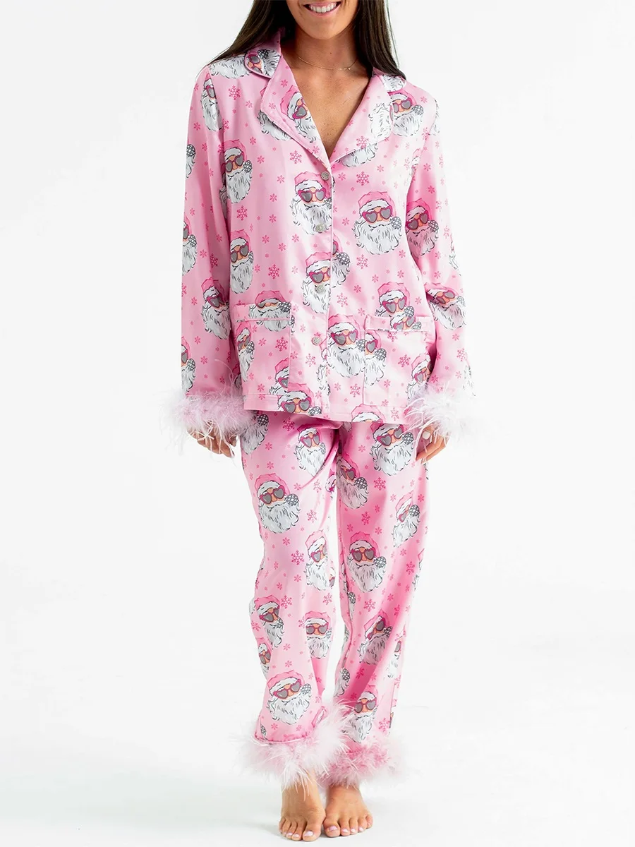 2025 Women Christmas Pajamas Set Santa Print Lapel Neck Button-up Long Sleeve Tops Long Pants Loungewear Plush Trim Outfit
2025 Women Christmas Pajamas Set Santa Print Lapel Neck Button-up Long Sleeve Tops Long Pants Loungewear Plush Trim Outfit