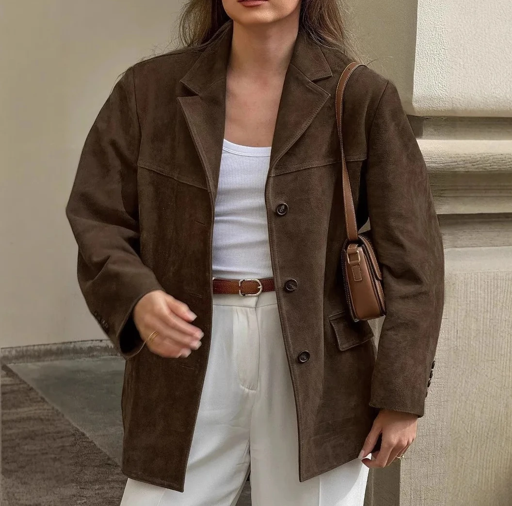 Nostalgic Women's Suede Suit Jacket Street Style Gothic Trend Long Sleeve Pure Color Medium Thickness Loose Fit Coat
Nostalgic Women's Suede Suit Jacket Street Style Gothic Trend Long Sleeve Pure Color Medium Thickness Loose Fit Coat