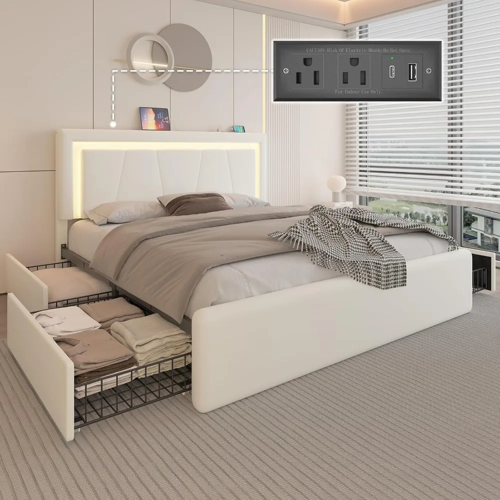 Full Size Bed Frame with 4 Storage Drawers and LED Lights, Upholstered Platform Bed with Adjustable Headboard and Charging Stati 
Full Size Bed Frame with 4 Storage Drawers and LED Lights, Upholstered Platform Bed with Adjustable Headboard and Charging Stati