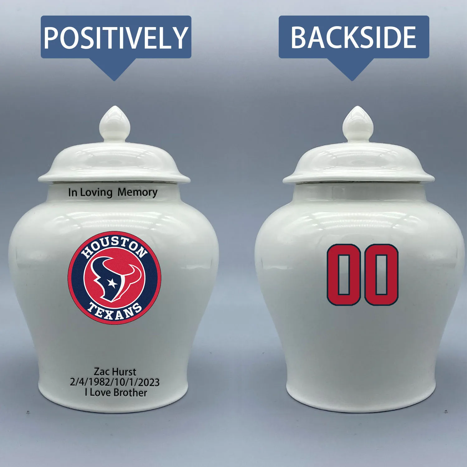 Medium Urn for Houston Texans-themed Logo Urn.Please send me the customize information-name/date and number on the urn
Medium Urn for Houston Texans-themed Logo Urn.Please send me the customize information-name/date and number on the urn