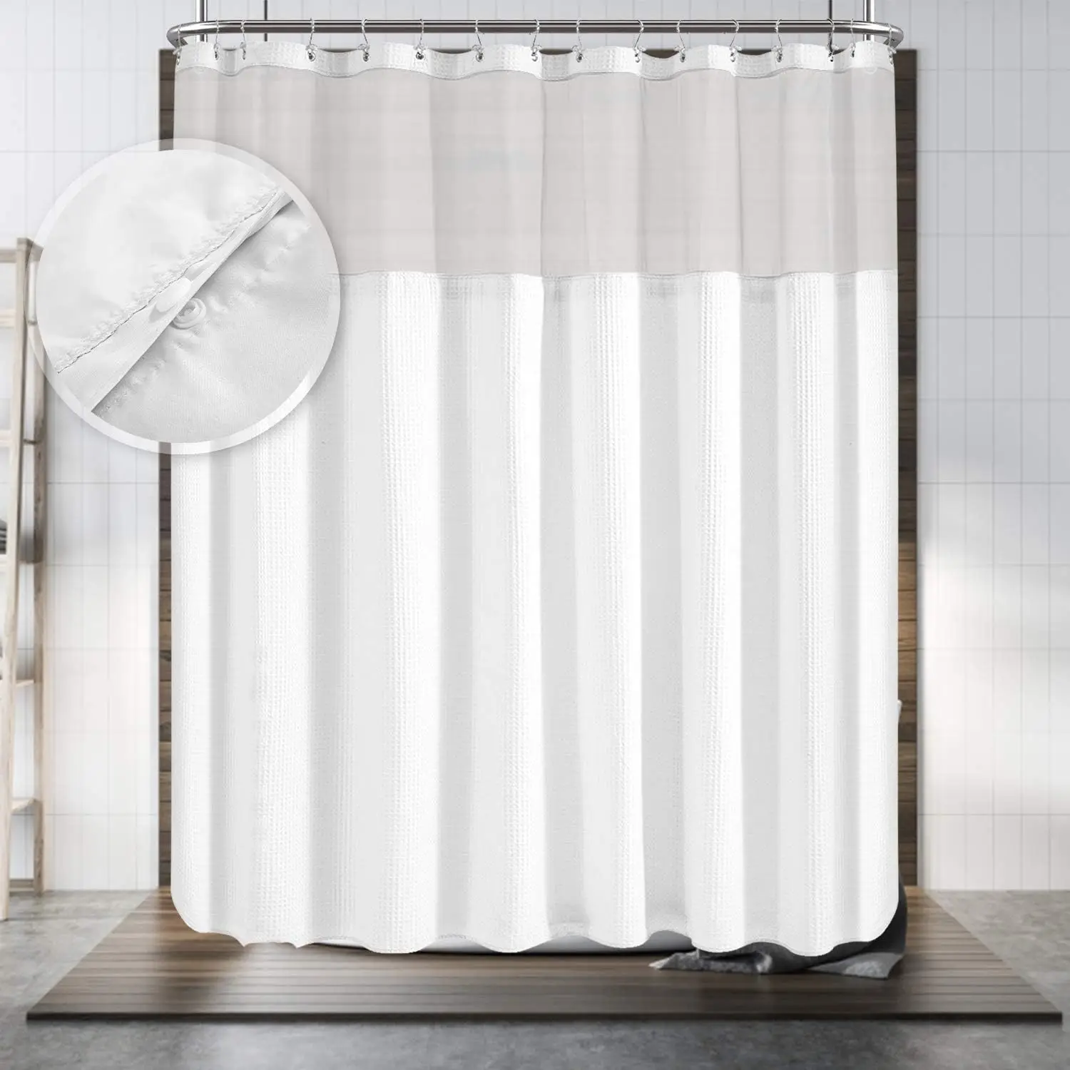 Hotel Style Shower Curtain with Snap-in Liner, 180x70 Inch for Clawfoot Tub, Waffle Weave Cotton Blend, White
Hotel Style Shower Curtain with Snap-in Liner, 180x70 Inch for Clawfoot Tub, Waffle Weave Cotton Blend, White