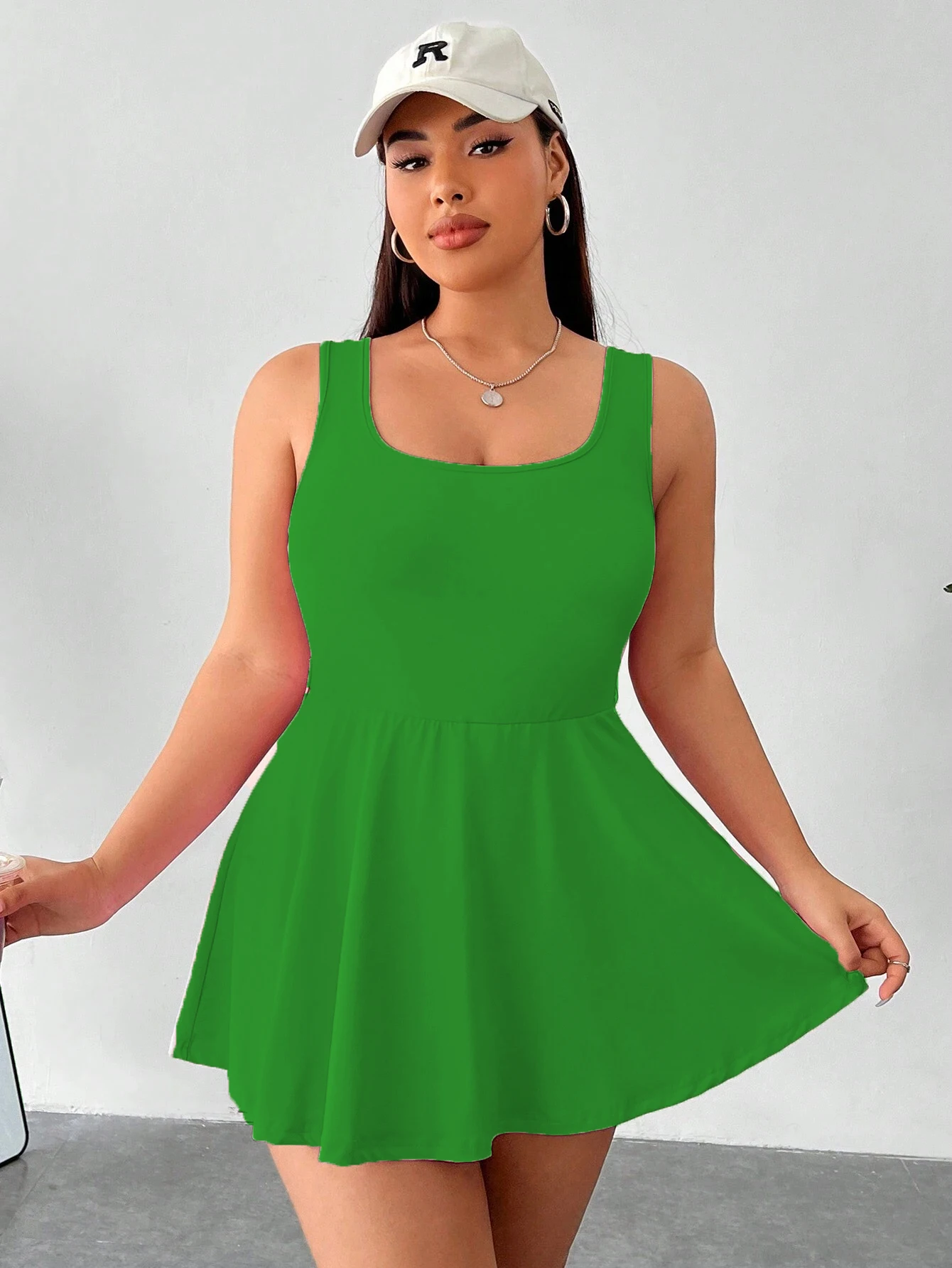 Plus Size Women Green Solid Color Square Neck Sleeveless A-Line Mini Dress Casual Slim Fit Skater Dress For Daily Wear Streetwea
Plus Size Women Green Solid Color Square Neck Sleeveless A-Line Mini Dress Casual Slim Fit Skater Dress For Daily Wear Streetwea