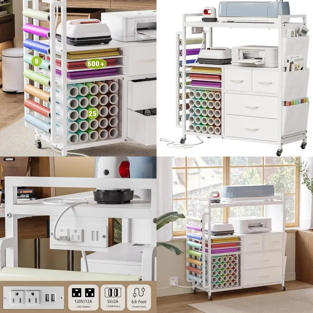 Rolling Storage Cart for Craft Supplies with Fabric and Vinyl Roll Holder, Ideal for Home Workshop (White)
Rolling Storage Cart for Craft Supplies with Fabric and Vinyl Roll Holder, Ideal for Home Workshop (White)