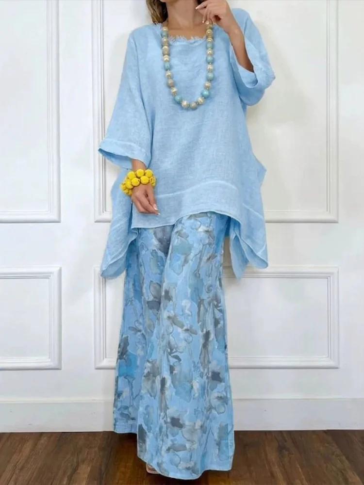 Casual Cotton Linen Women's Top Wide Leg Pants Set Irregular Design Summer Outfit Floral Pattern Four Seasons Universal Fit
Casual Cotton Linen Women's Top Wide Leg Pants Set Irregular Design Summer Outfit Floral Pattern Four Seasons Universal Fit