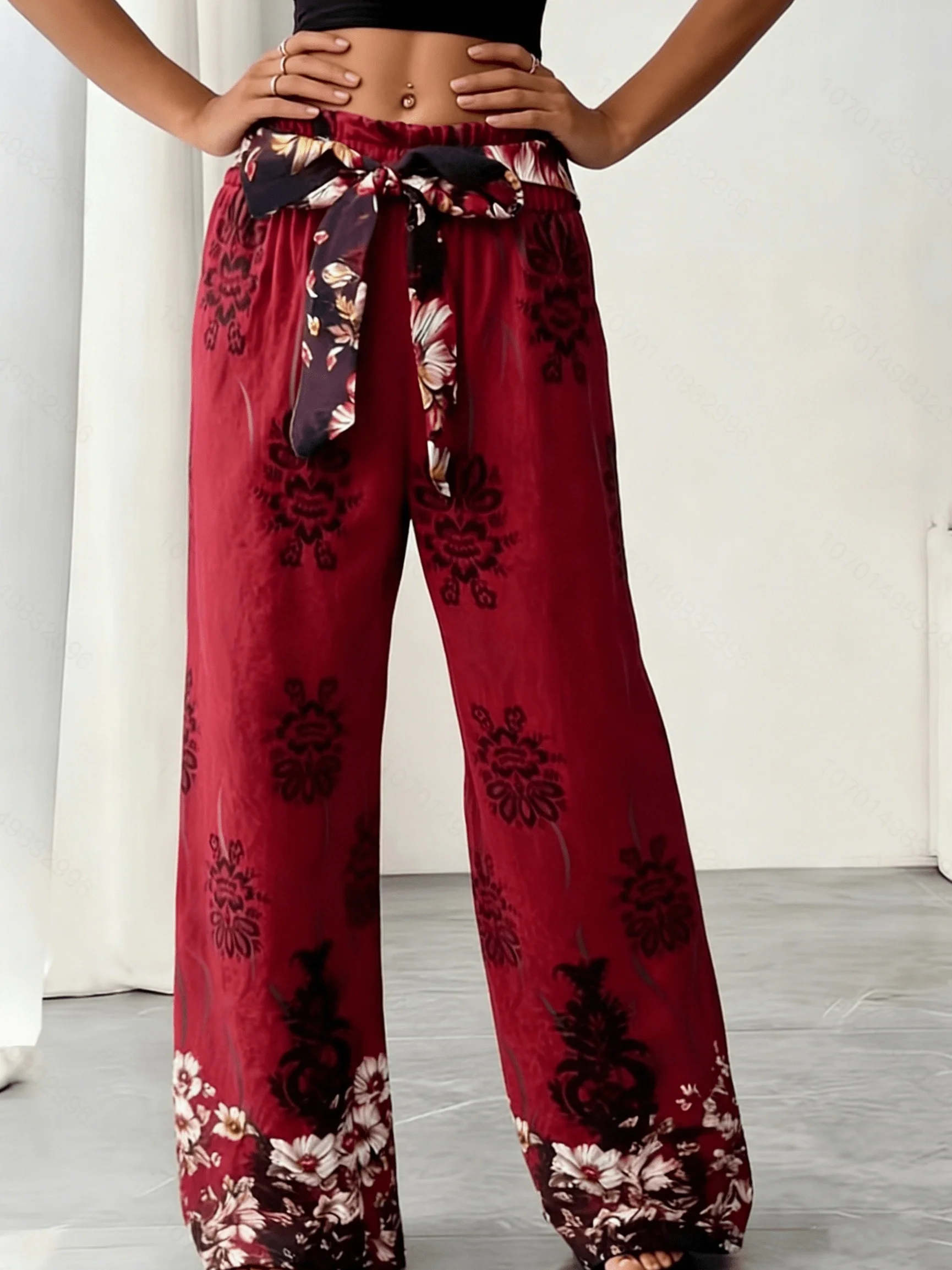 Burgundy Floral Print Wide Leg Pants, Tie Waist, Bohemian Style Vacation Casual Pants
Burgundy Floral Print Wide Leg Pants, Tie Waist, Bohemian Style Vacation Casual Pants