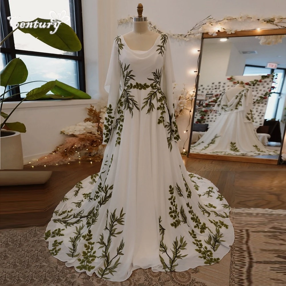 Cowl Neck Leaf Embroidery Wedding Dress with Flared Sleeves Texture Pleated Chiffon Forest Fairy Bridal Gowns 2025 Customized
Cowl Neck Leaf Embroidery Wedding Dress with Flared Sleeves Texture Pleated Chiffon Forest Fairy Bridal Gowns 2025 Customized