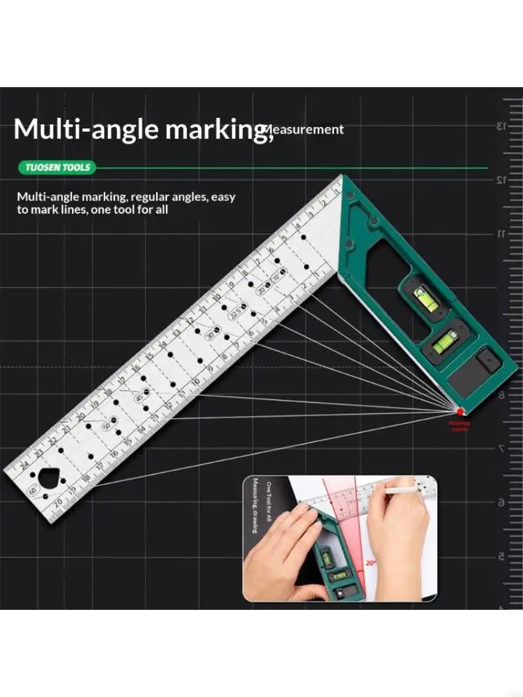 Multifunctional Woodworking Carpenter Tools L Square with Bubble Level Stainless Marking Gauge Ruler Manual Tool