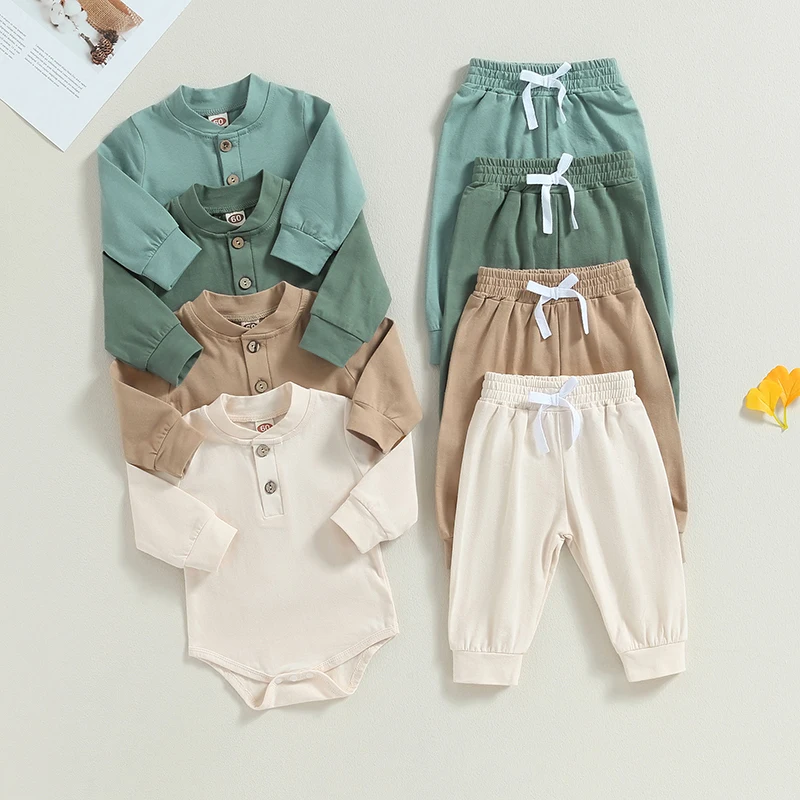 Infant Baby Boy Fall Outfits Solid Color Crew Neck Long Sleeve Button Romper and Elastic Drawstring Pants Kids Autumn 2PCS Pants
Infant Baby Boy Fall Outfits Solid Color Crew Neck Long Sleeve Button Romper and Elastic Drawstring Pants Kids Autumn 2PCS Pants