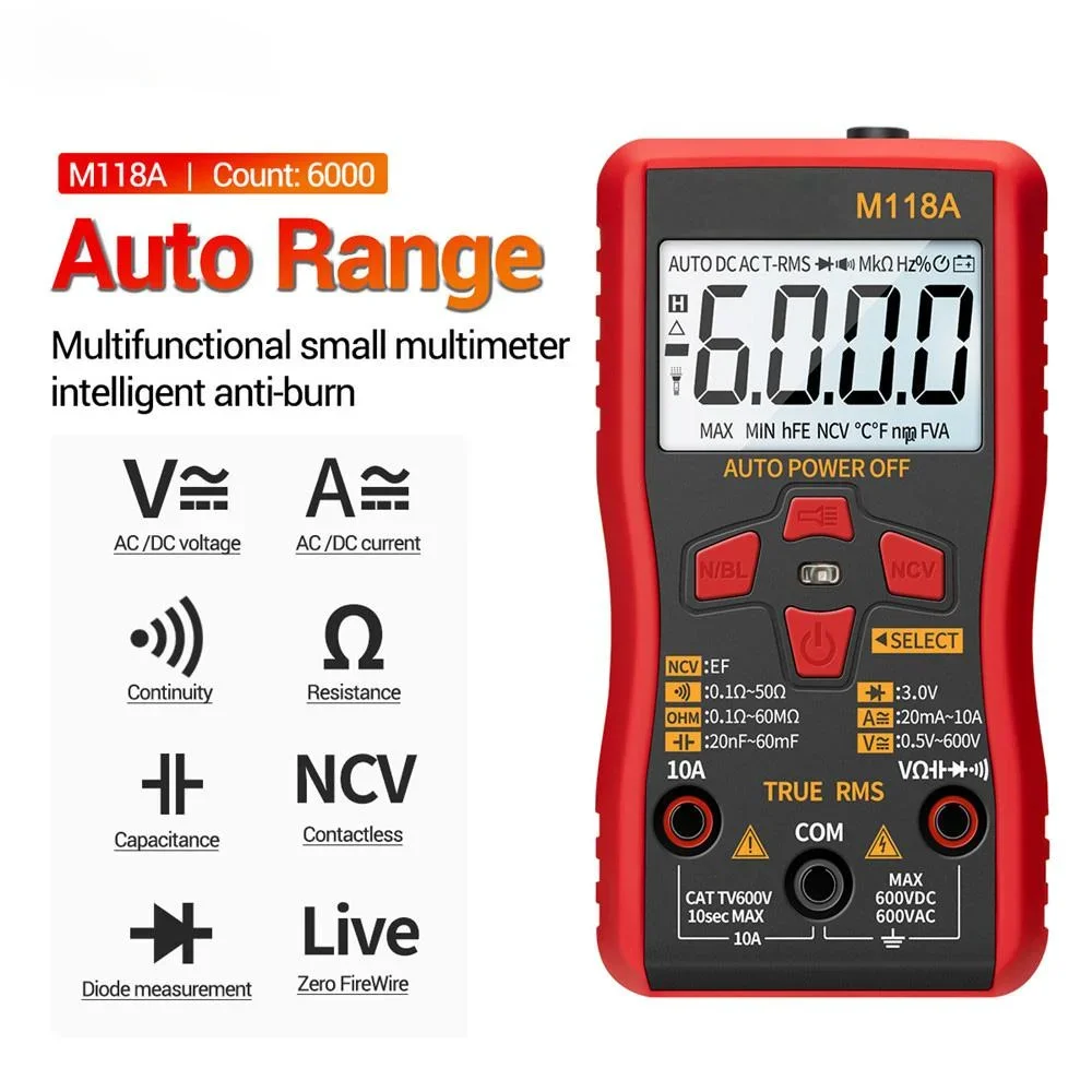 2023 Digital Multimeter Auto Mmultimetro True Rms Tranistor Meter 6000 Counts M118A Flashlight with NCV Data Hold Smart Tester
2023 Digital Multimeter Auto Mmultimetro True Rms Tranistor Meter 6000 Counts M118A Flashlight with NCV Data Hold Smart Tester