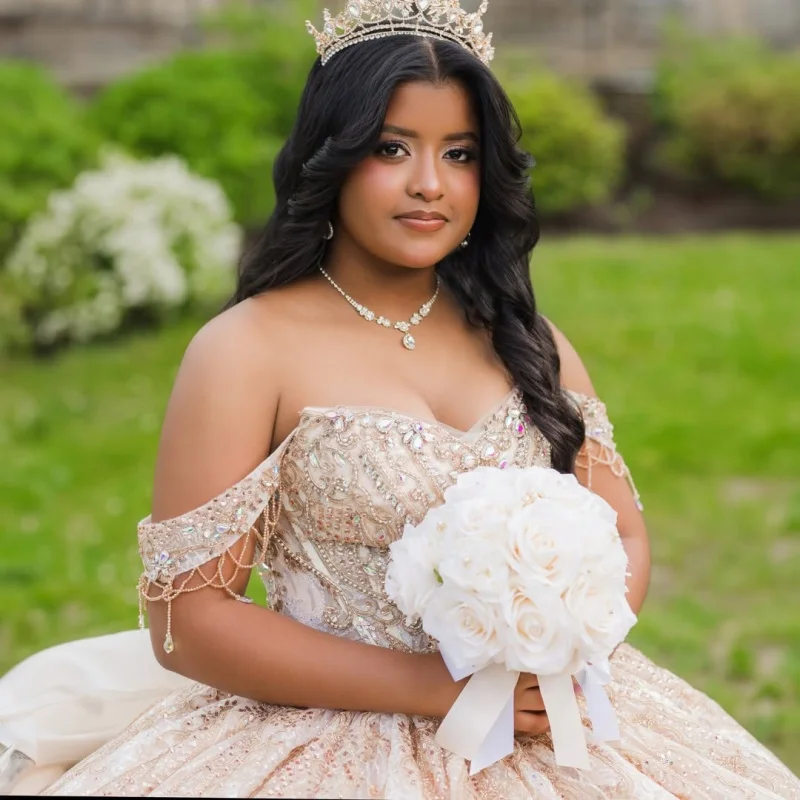 Light Champagne Quinceanera Dress off-shoulder Crystal Glitter Layering Decal Long tail Bow vestidos de 15 Quinceanera Customiz
Light Champagne Quinceanera Dress off-shoulder Crystal Glitter Layering Decal Long tail Bow vestidos de 15 Quinceanera Customiz