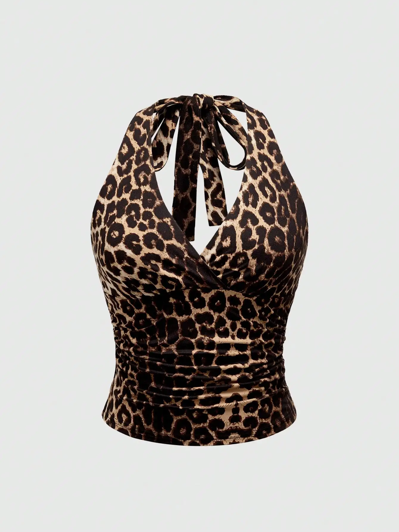 Leopard Print Halter Neck Top with Ruched Detail, Sexy V-Neck Women's Blouse for Casual & Night Out
Leopard Print Halter Neck Top with Ruched Detail, Sexy V-Neck Women's Blouse for Casual & Night Out