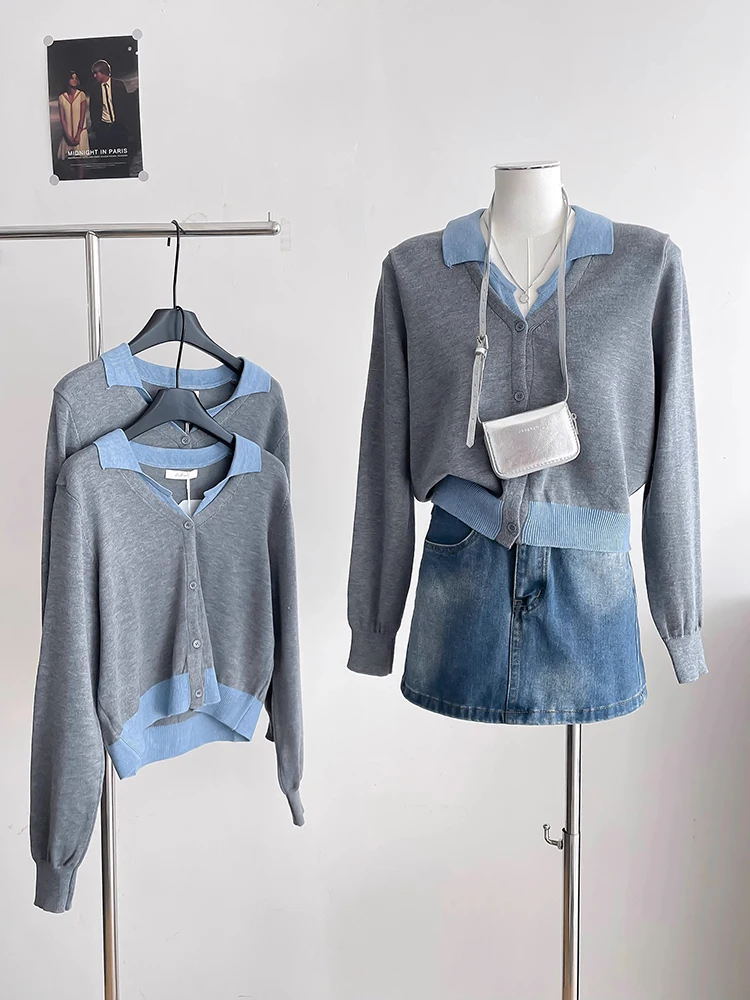 Fake Two Piece Spliced Knitted Cardigan Autumn New Korean Style Commuting V-neck Sweater Women's Long Sleeved Tops
Fake Two Piece Spliced Knitted Cardigan Autumn New Korean Style Commuting V-neck Sweater Women's Long Sleeved Tops