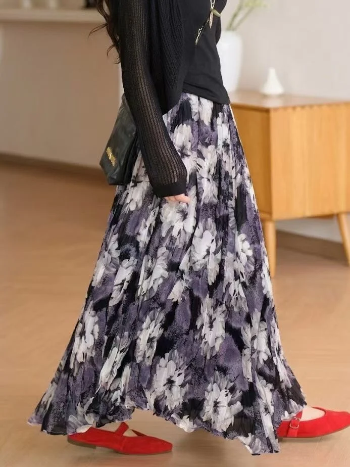 Floral Print Maxi Skirt Half-length A-line Silhouette Loose Fit High Waist Polyester Fiber Vacation Casual Style Pleated
Floral Print Maxi Skirt Half-length A-line Silhouette Loose Fit High Waist Polyester Fiber Vacation Casual Style Pleated