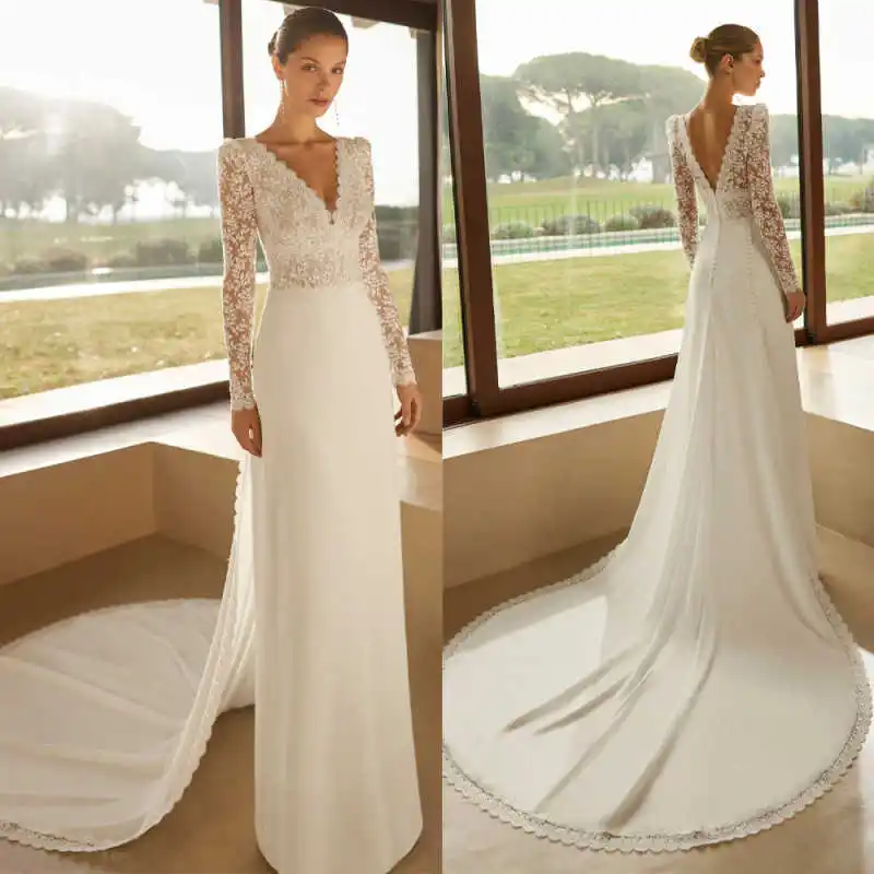 Charming Lace Appliques Sheath Wedding Dress Deep V-Neck Long Sleeve Panel Train Bridal Gown свадебное платье Customized
Charming Lace Appliques Sheath Wedding Dress Deep V-Neck Long Sleeve Panel Train Bridal Gown свадебное платье Customized