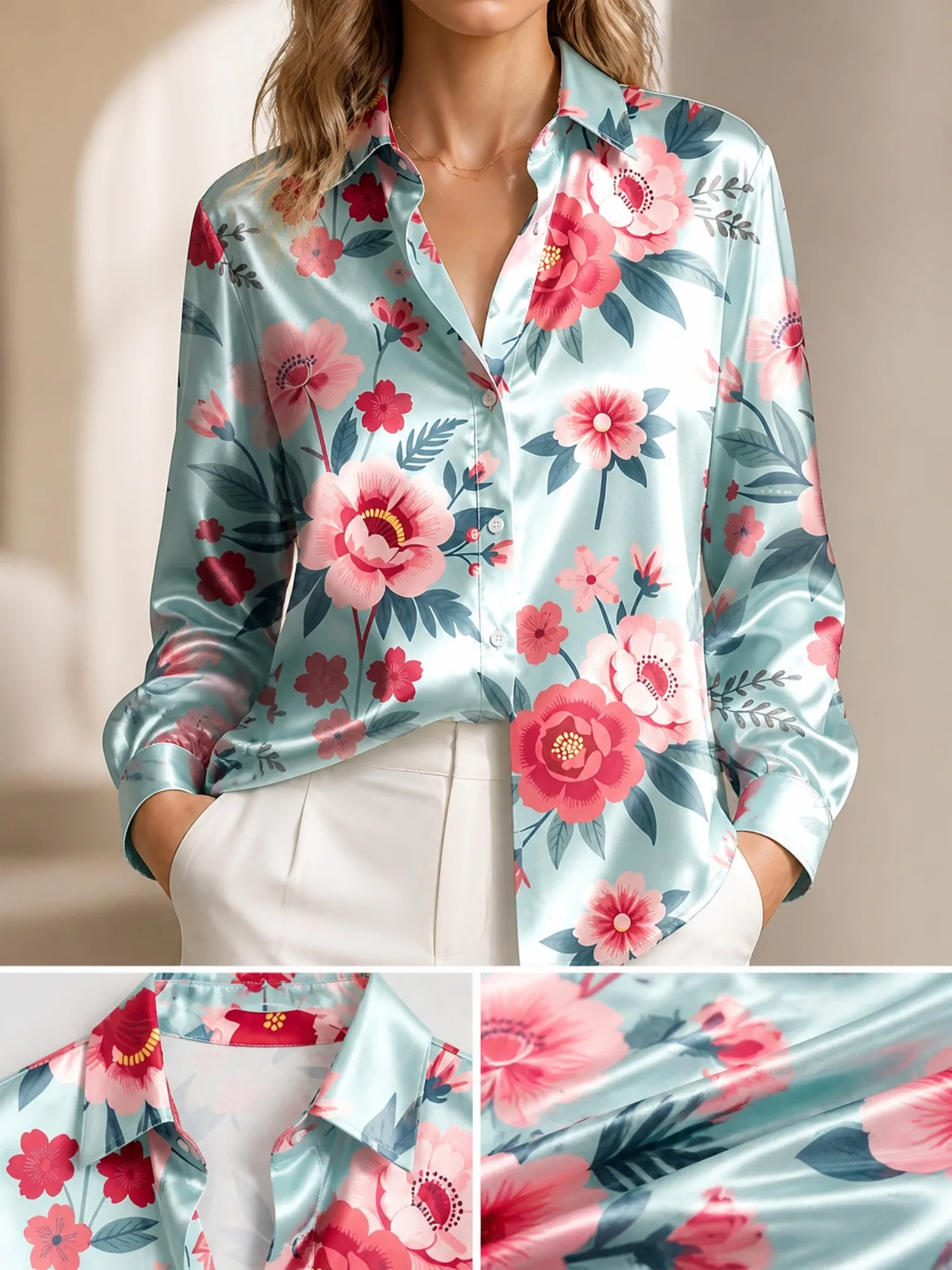 Light Blue Pink Floral Satin Blouse for Women Long Sleeve Button Down Shirt Spring Garden Office Elegant Silky Top New Chic Styl
Light Blue Pink Floral Satin Blouse for Women Long Sleeve Button Down Shirt Spring Garden Office Elegant Silky Top New Chic Styl