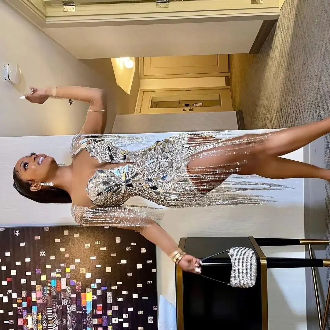 Sparkly Silver Mirror Rhinestone Couture Fringe Mesh Long Sleeve Bodycon Mini Dress Women Birthday Celebrate Party Outfit Yintai
Sparkly Silver Mirror Rhinestone Couture Fringe Mesh Long Sleeve Bodycon Mini Dress Women Birthday Celebrate Party Outfit Yintai