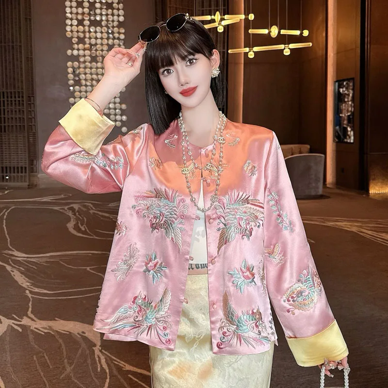 High-end Satin Acetate Women Jacket Top Embroidery Flowers Tang Suit Elegant Lady Loose Coat Female S-XXL
High-end Satin Acetate Women Jacket Top Embroidery Flowers Tang Suit Elegant Lady Loose Coat Female S-XXL