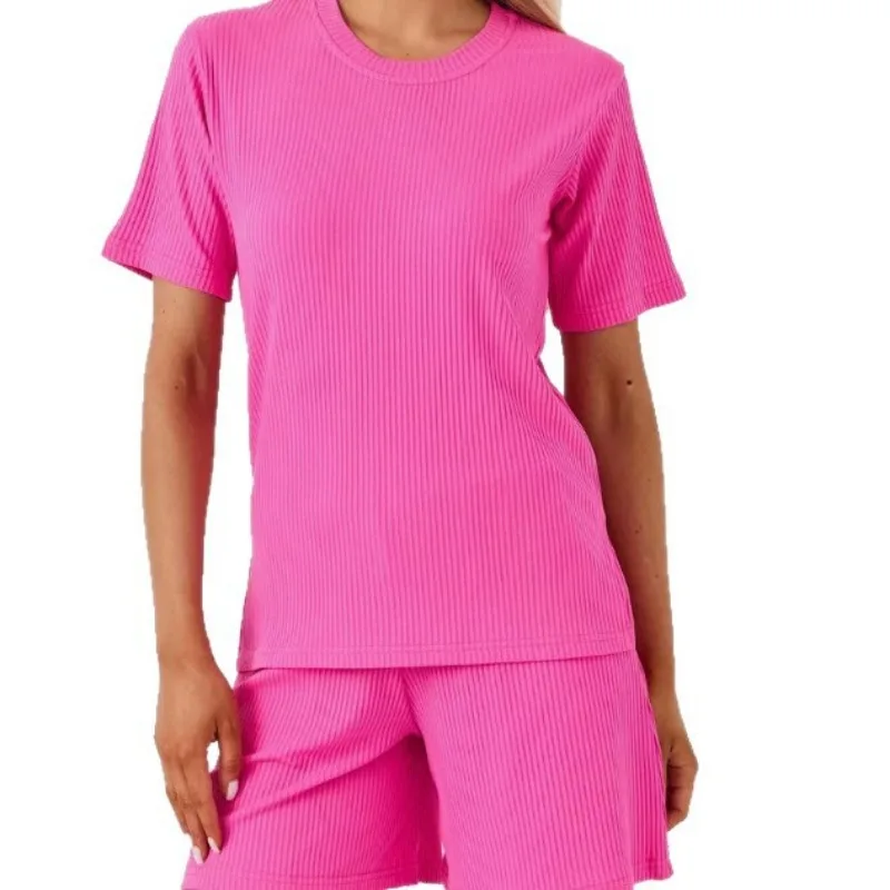Women Crew Neck Ribbed Short Sleeve High Waist Shorts Solid Casual Two Piece Set
Women Crew Neck Ribbed Short Sleeve High Waist Shorts Solid Casual Two Piece Set