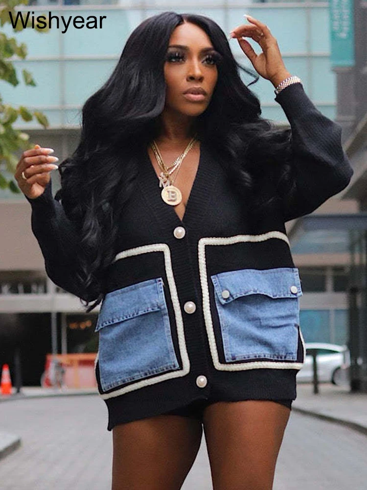 Women's Black Knit Cardigan with Denim Pockets V Neck Long Sleeve Oversized Sweater Coat Casual Street Style Knitwear Jacket
Women's Black Knit Cardigan with Denim Pockets V Neck Long Sleeve Oversized Sweater Coat Casual Street Style Knitwear Jacket