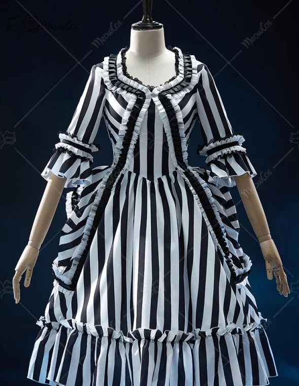 MEOWCOS Women's Gothic Dress Halloween Grave Grain Goth Vintage Black and White Striped Ruffle Dress Halloween Cosplay Costume
MEOWCOS Women's Gothic Dress Halloween Grave Grain Goth Vintage Black and White Striped Ruffle Dress Halloween Cosplay Costume