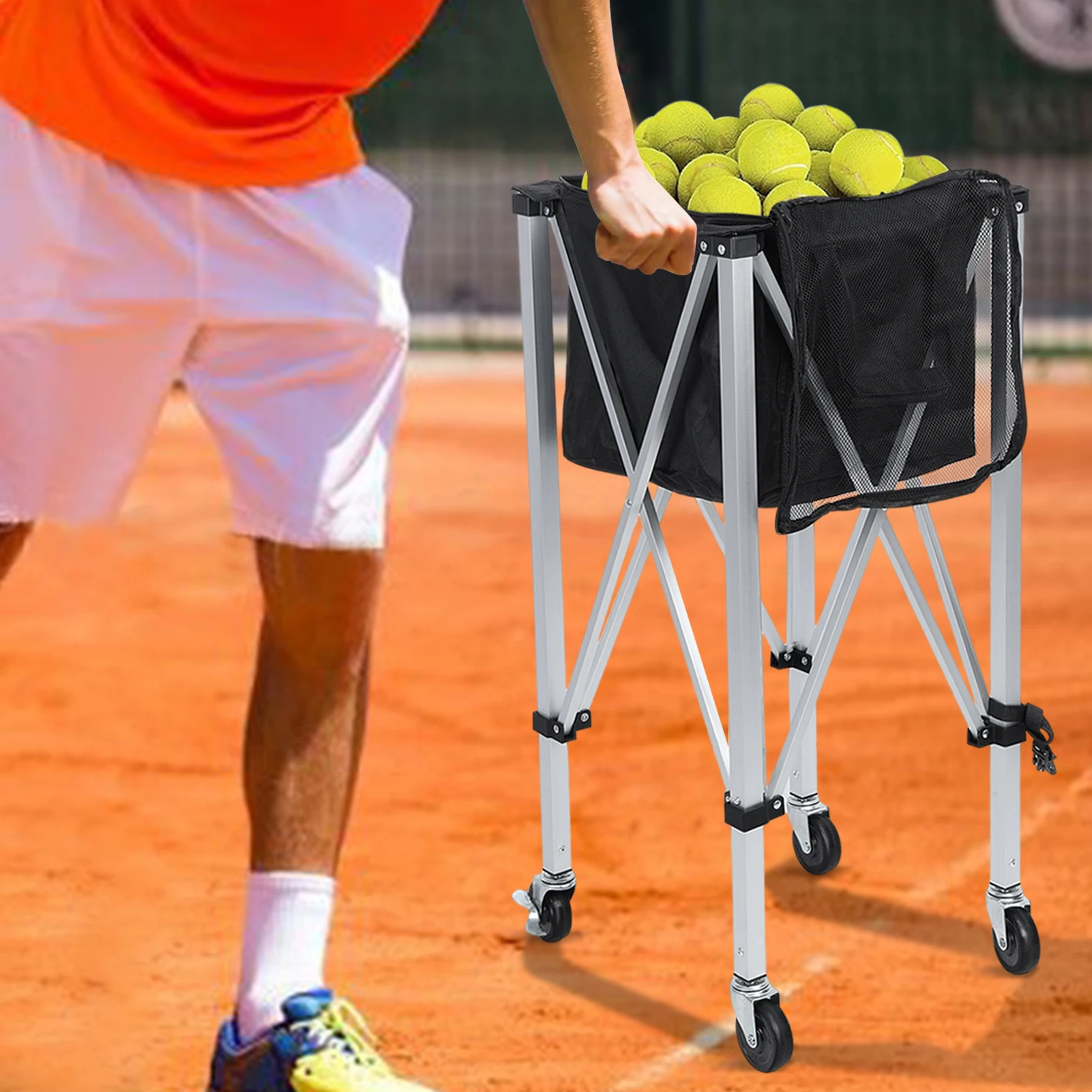 160 Balls Capacity Foldable Tennis Ball Cart with Wheels, Portable Tennis Ball Hopper Basket with Removable Bag and Side Pockets
160 Balls Capacity Foldable Tennis Ball Cart with Wheels, Portable Tennis Ball Hopper Basket with Removable Bag and Side Pockets