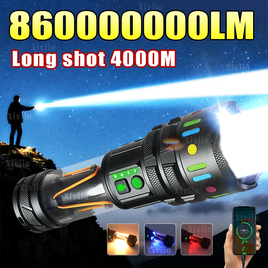 86000000LM Новый ультра яркий светодиодный фонарик USB перезаряжаемые фонарики 18650 фонарь аккумуляторный Сильный свет, дальность действия 4000 м тактический Кемпинг Рыбалка Охота Фонарь Ручная аварийная лампа
86000000LM Новый ультра яркий светодиодный фонарик USB перезаряжаемые фонарики 18650 фонарь аккумуляторный Сильный свет, дальность действия 4000 м тактический Кемпинг Рыбалка Охота Фонарь Ручная аварийная лампа