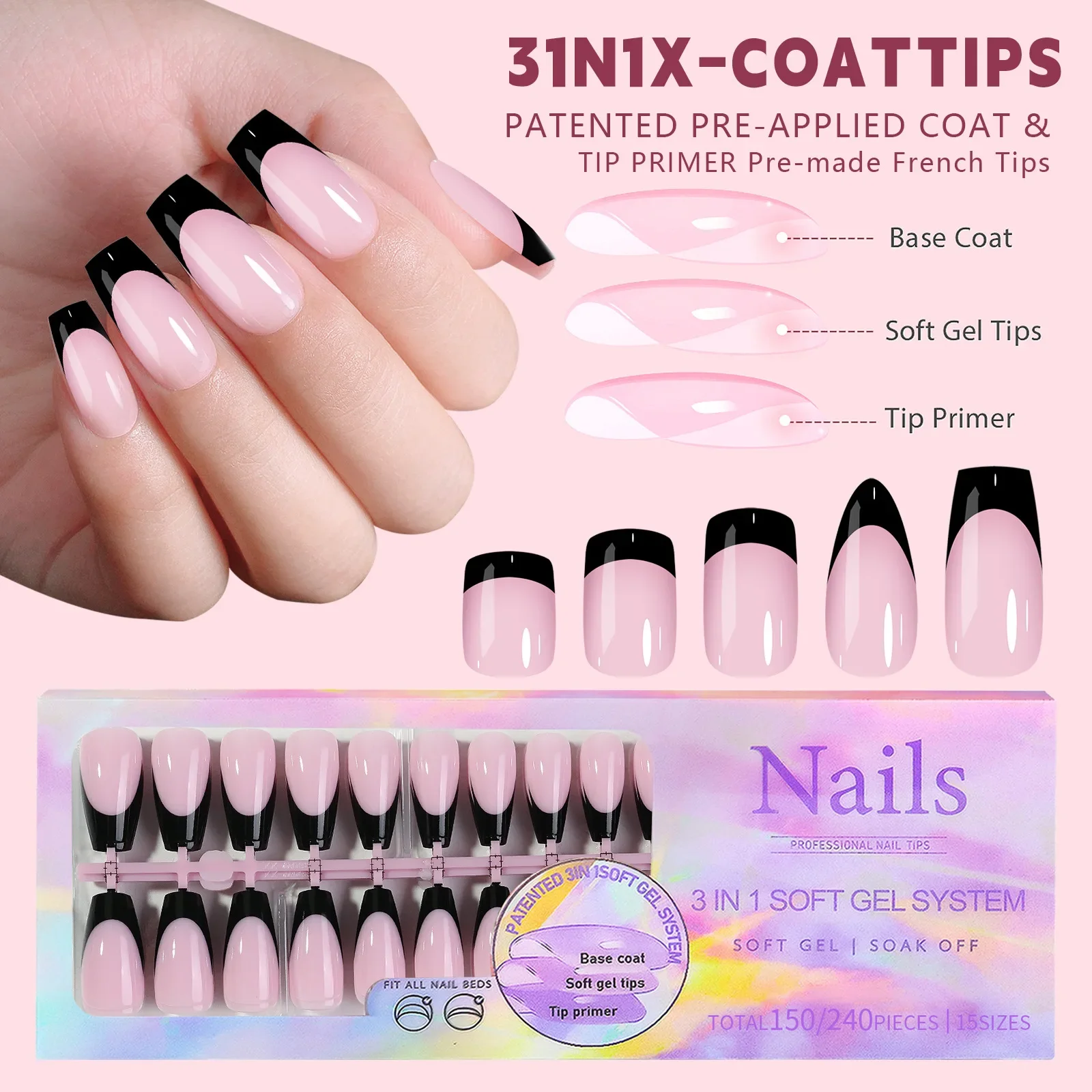 New 150pcs French Pink Black Ballet Wearable Fake Nail Tips Press On Nails Seamless Removable Reusable Full Cover Nail Tips
New 150pcs French Pink Black Ballet Wearable Fake Nail Tips Press On Nails Seamless Removable Reusable Full Cover Nail Tips
