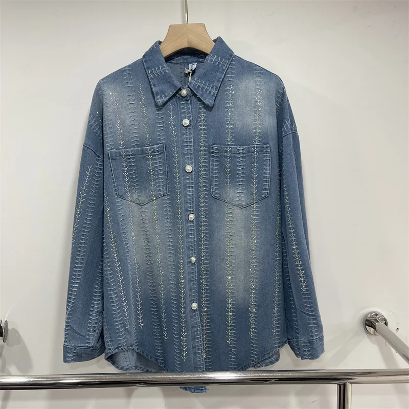 SuperAen National Diamonds Striped Long-Sleeved Denim Shirts for Women Spring New Design Loose Oversize Distressed Casual Tops
SuperAen National Diamonds Striped Long-Sleeved Denim Shirts for Women Spring New Design Loose Oversize Distressed Casual Tops