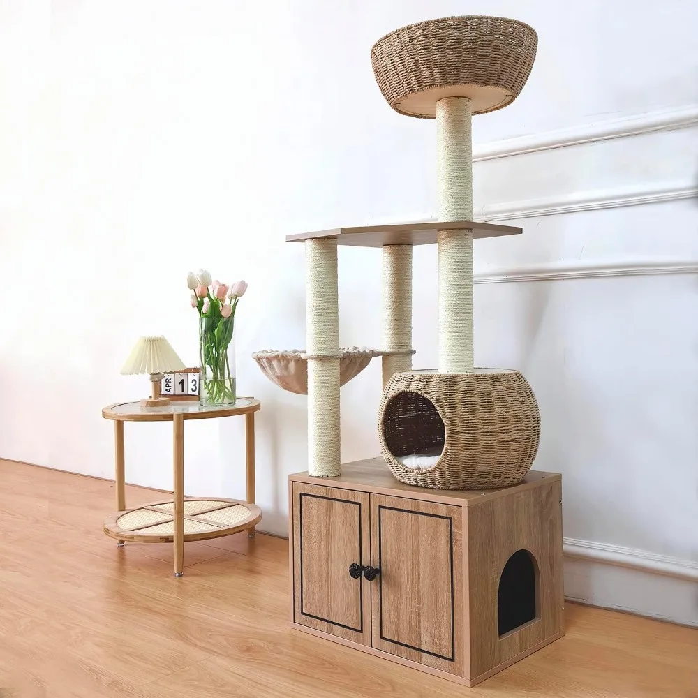 56.7" Tall Rattan Cat Tree for Indoor Cats, Multi-Level Wooden Cat Tower with Scratching Posts, Large Cat Climbing Furniture wit
56.7" Tall Rattan Cat Tree for Indoor Cats, Multi-Level Wooden Cat Tower with Scratching Posts, Large Cat Climbing Furniture wit