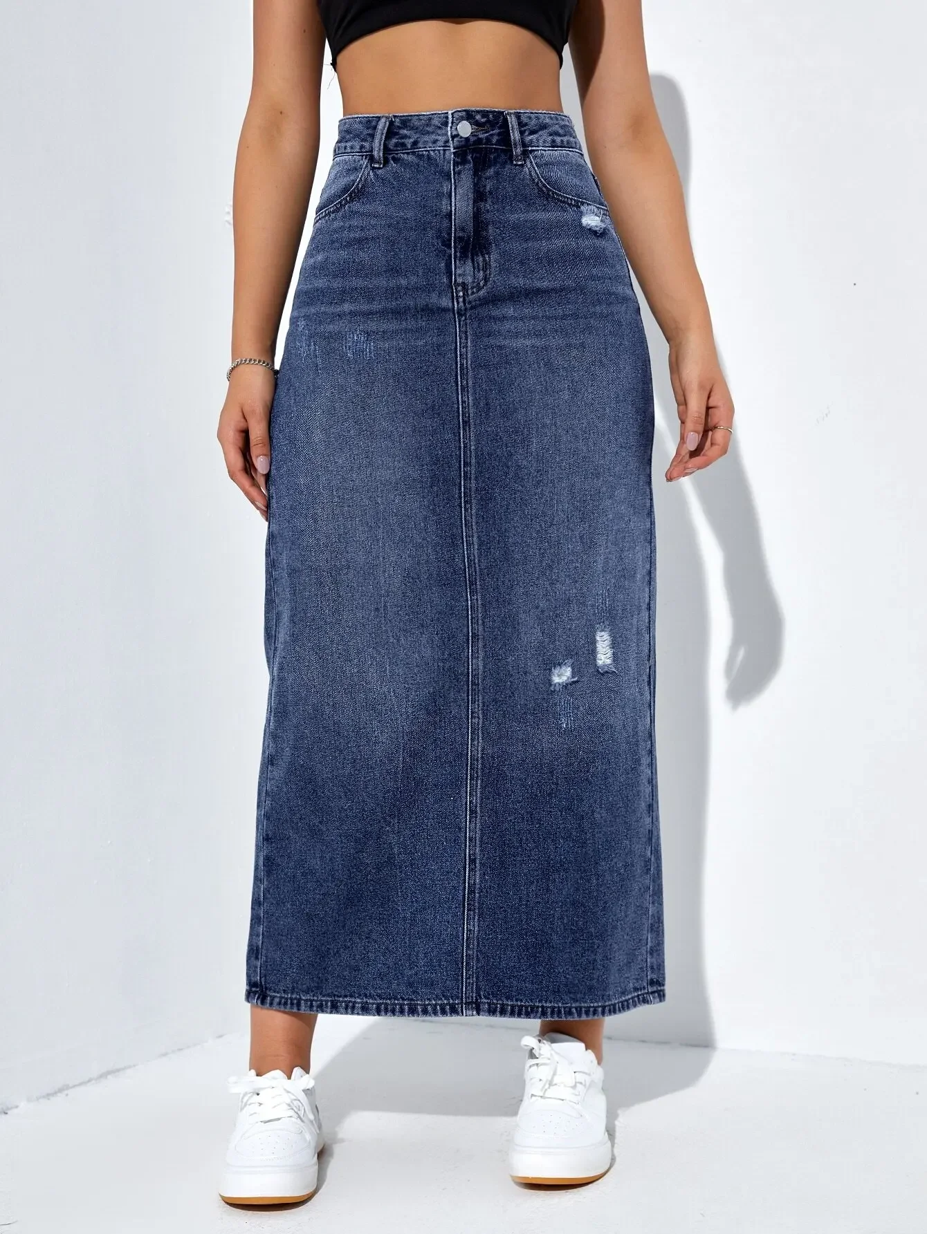 High Waist Distressed Denim Maxi Skirt with Front Slit
High Waist Distressed Denim Maxi Skirt with Front Slit