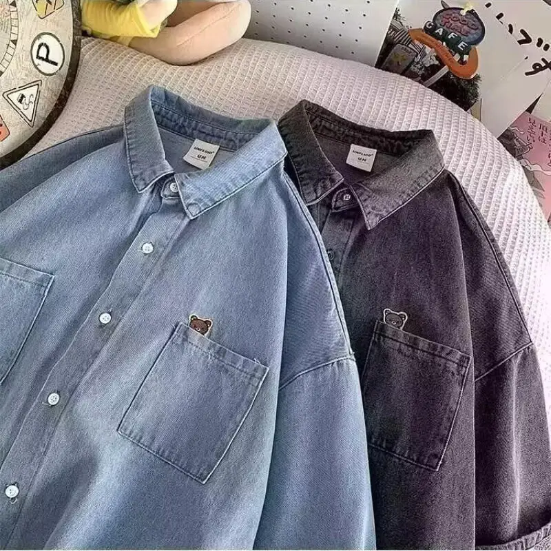 Loose Men Short Sleeve Denim Coat Fashion Streetwear Casual Jacket Embroidered Little Bear Out Wear Square Collar Male Top
Loose Men Short Sleeve Denim Coat Fashion Streetwear Casual Jacket Embroidered Little Bear Out Wear Square Collar Male Top