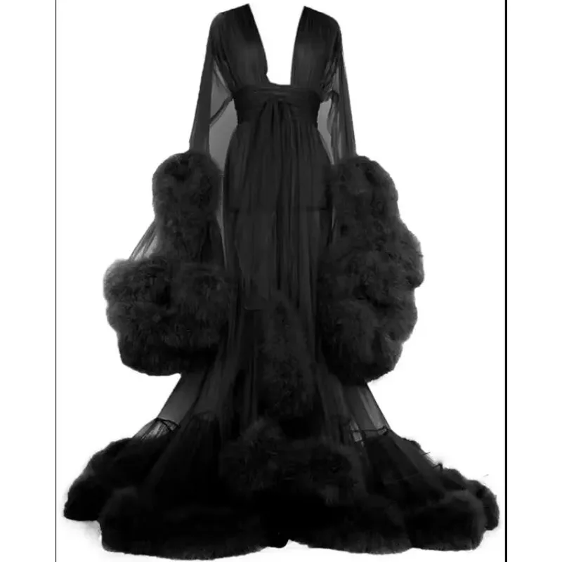 New Black Feather Robes Evening Dresses Pregnant Women Photo Robes Women's Edge Tulle Long Bridal Robe Bathrobes with Belt
New Black Feather Robes Evening Dresses Pregnant Women Photo Robes Women's Edge Tulle Long Bridal Robe Bathrobes with Belt