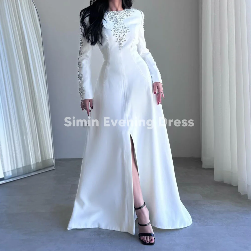 Simin Women's Crew Neck Beaded Split A-Line Floor-Length Saudi Evening Dresses With Long Sleeves Elegant Party Dresses 2025 
Simin Women's Crew Neck Beaded Split A-Line Floor-Length Saudi Evening Dresses With Long Sleeves Elegant Party Dresses 2025