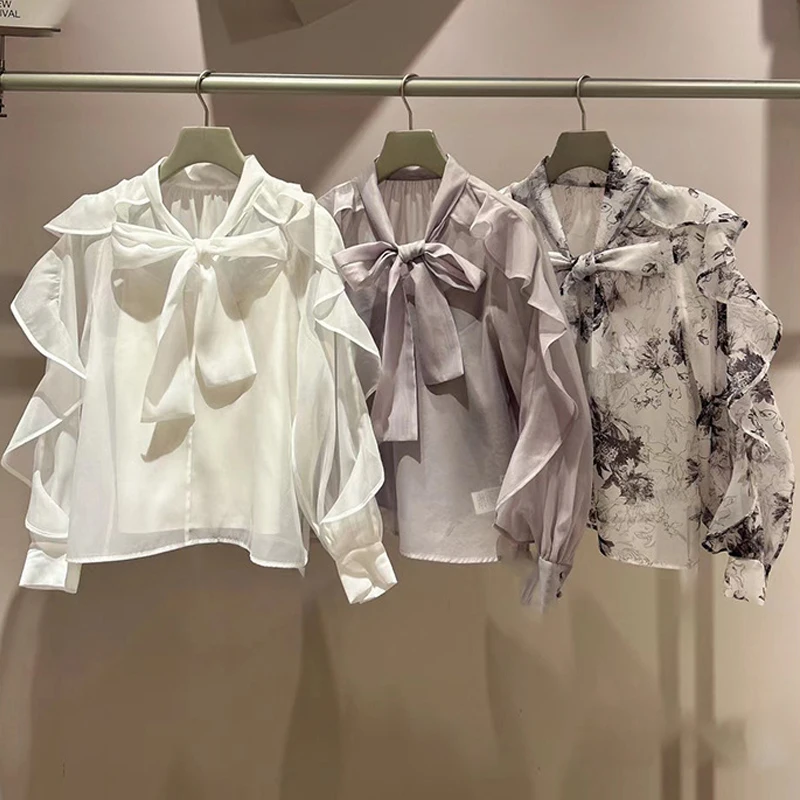 Spring 2024 New Sweet Versatile Pure Color Print Bow Tie Blouse Flounce Hem Long Sleeve Other Material 100% Women's Shirt
Spring 2024 New Sweet Versatile Pure Color Print Bow Tie Blouse Flounce Hem Long Sleeve Other Material 100% Women's Shirt