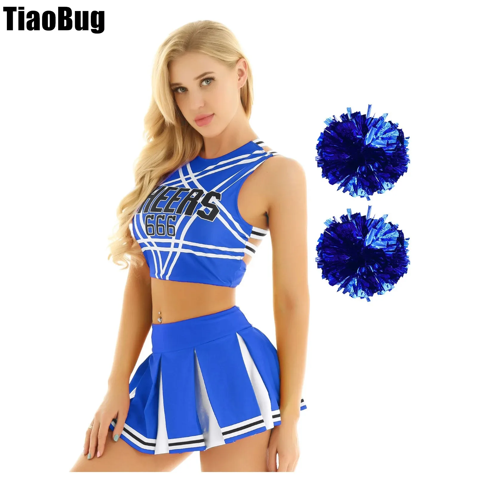 Womens Printed Cheerleading Uniform Sleeveless Strappy Back Crop Top with Mini Pleated Skirt And 2Pcs Flower Balls Outfits
Womens Printed Cheerleading Uniform Sleeveless Strappy Back Crop Top with Mini Pleated Skirt And 2Pcs Flower Balls Outfits