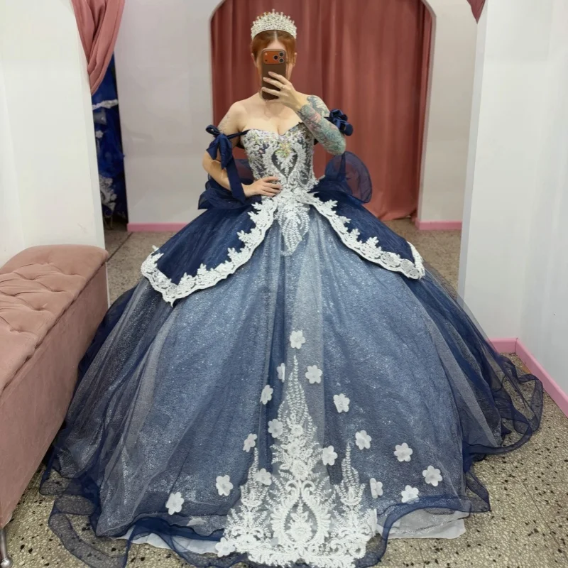 Dark Blue Quinceanera Dresses Off the Shoulder Crystal Lace Ruffle Decal Long tail Bow Vestidoe 15 Quinceanera Customize
Dark Blue Quinceanera Dresses Off the Shoulder Crystal Lace Ruffle Decal Long tail Bow Vestidoe 15 Quinceanera Customize