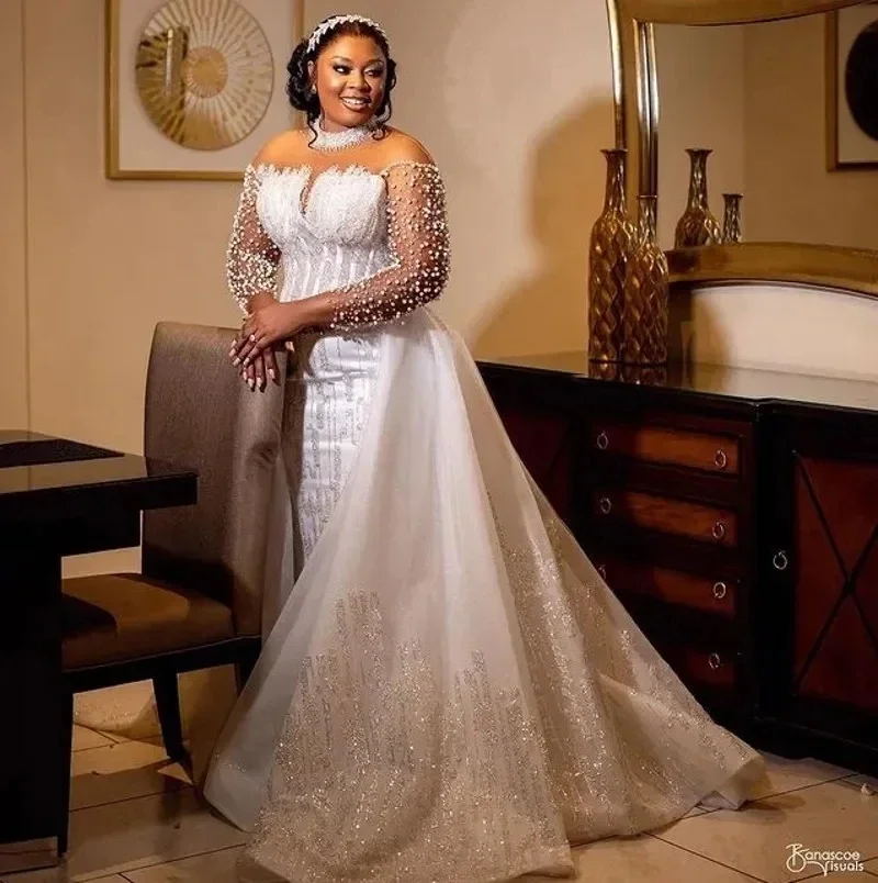 Customized Mermaid Wedding Dress Detachable Train High Neck Sleeves Beads Bride Bridal Gowns Arabic Aso Ebi Vestidos De Novia Cu
Customized Mermaid Wedding Dress Detachable Train High Neck Sleeves Beads Bride Bridal Gowns Arabic Aso Ebi Vestidos De Novia Cu