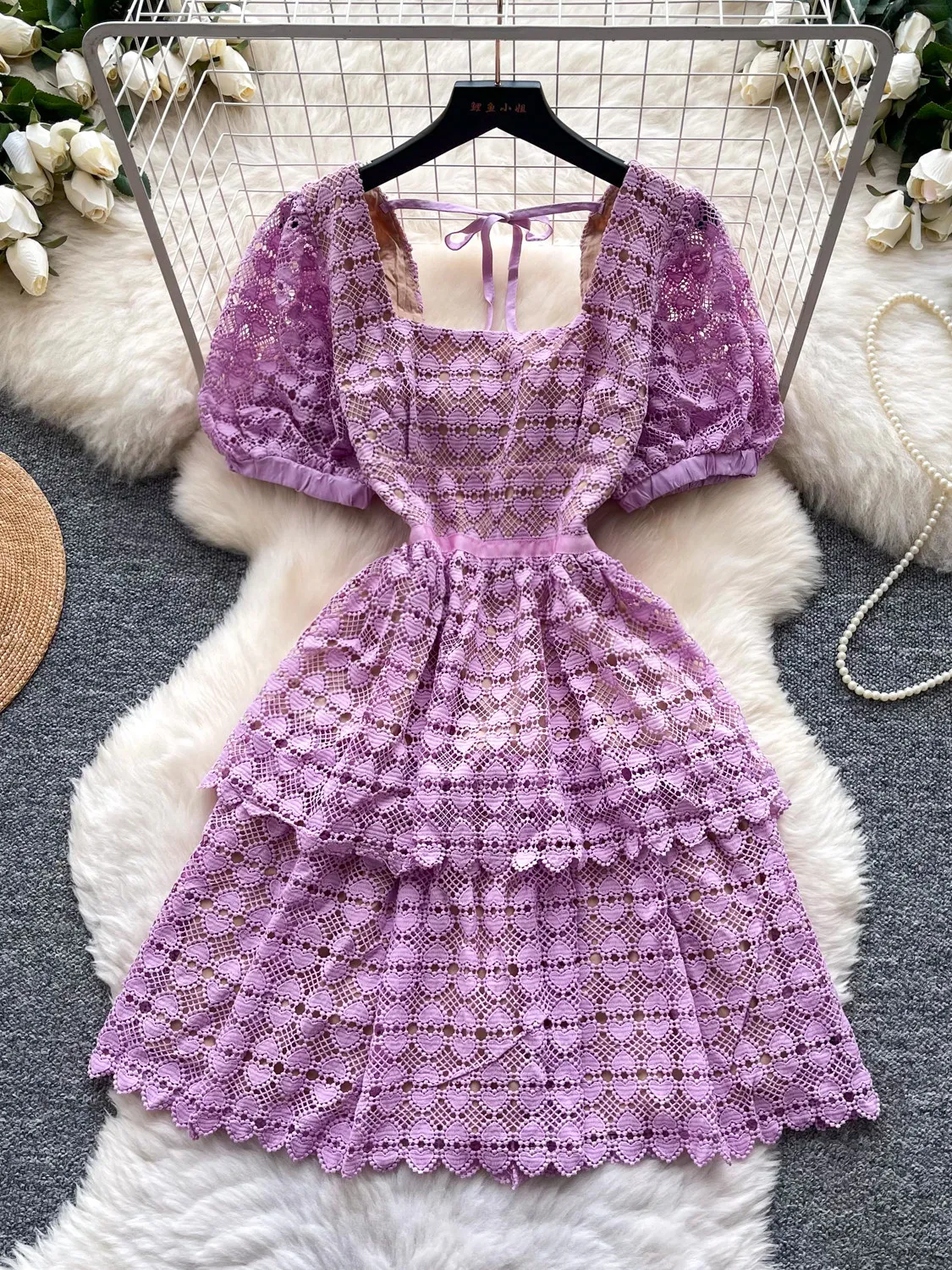Women's Purple Lace Square Neck Puff Sleeve Dress Hollow Out Mini Dress Vintage French Elegant Puff Short Dress for Women Summer
Women's Purple Lace Square Neck Puff Sleeve Dress Hollow Out Mini Dress Vintage French Elegant Puff Short Dress for Women Summer
