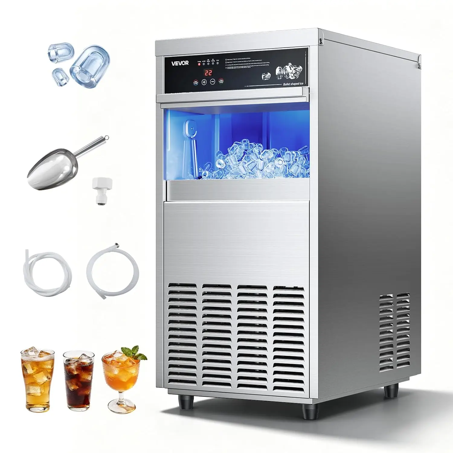 Commercial Ice Maker Machine, 100 lbs/24h with 30-35 lbs Storage, Bullet Ice,Built-in/Freestanding/Under Counter, Stainless Stee
Commercial Ice Maker Machine, 100 lbs/24h with 30-35 lbs Storage, Bullet Ice,Built-in/Freestanding/Under Counter, Stainless Stee